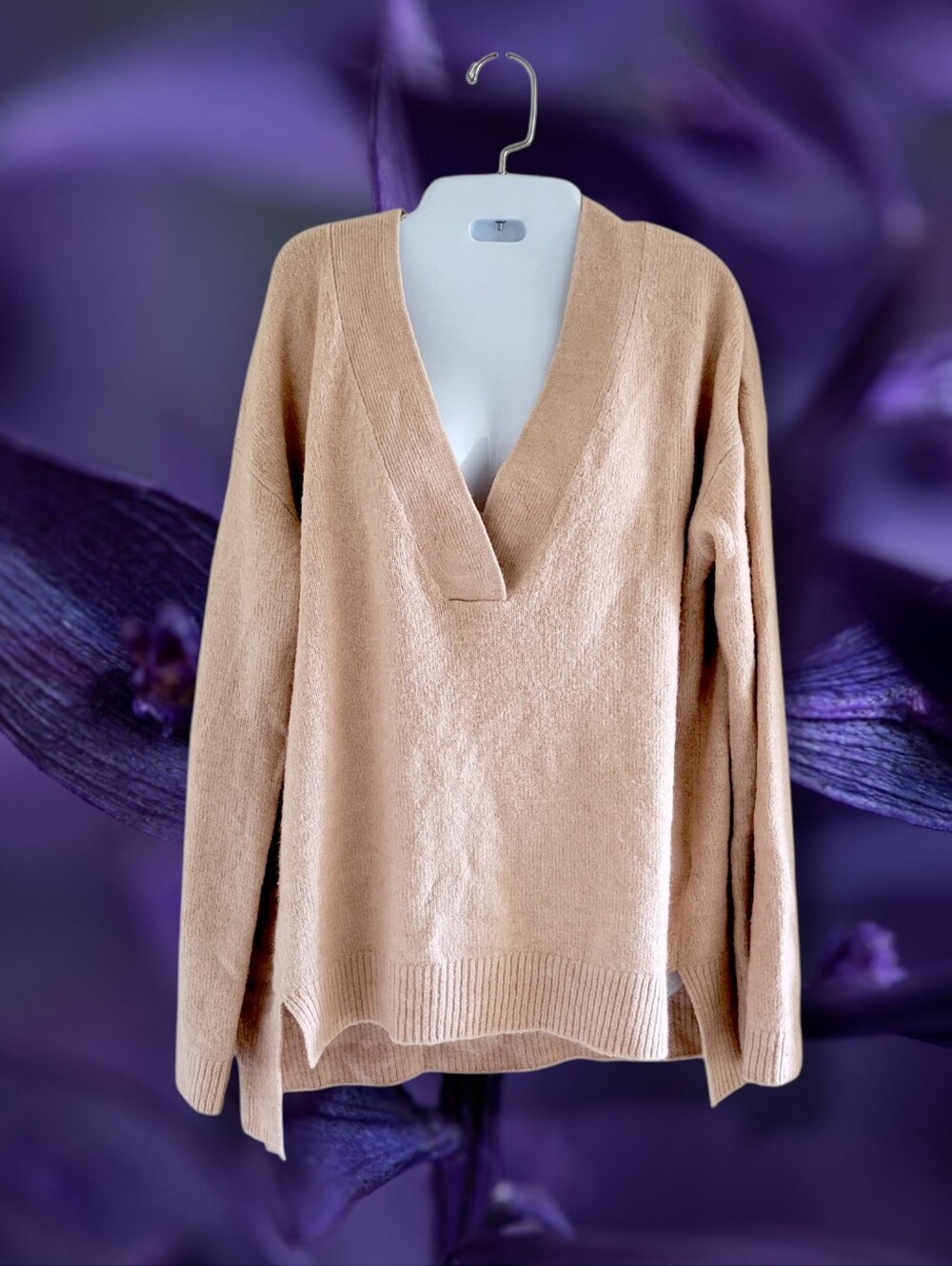 L.O.G.G. | Cozy Beige/Apricot Oversized V-Neck Wool Blend Sweater (SIZE S)